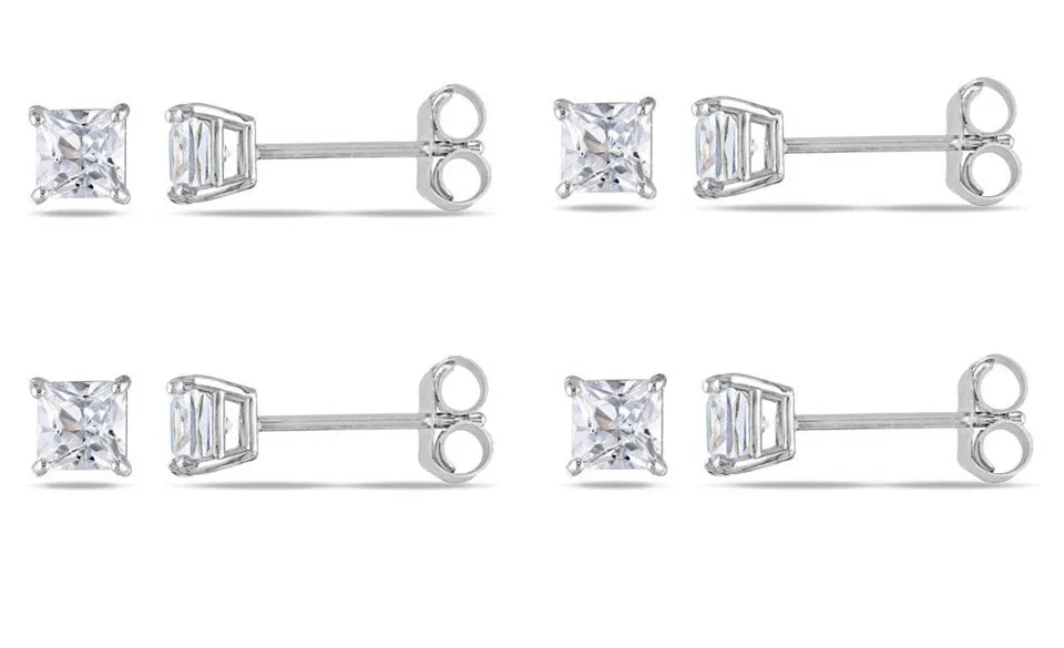 18k White Gold Plated Created White Sapphire 1Ct Square Cut Set of Four Stud Earrings