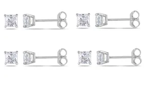 18k White Gold Plated Created White Sapphire 1Ct Square Cut Set of Four Stud Earrings