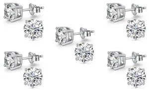 18k White Gold Plated Created White Sapphire 2Ct Round Pack of Five Stud Earrings