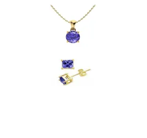 18K Yellow Gold 3ct Tanzanite Round 18 Inch Necklace and Square Earrings Set Plated