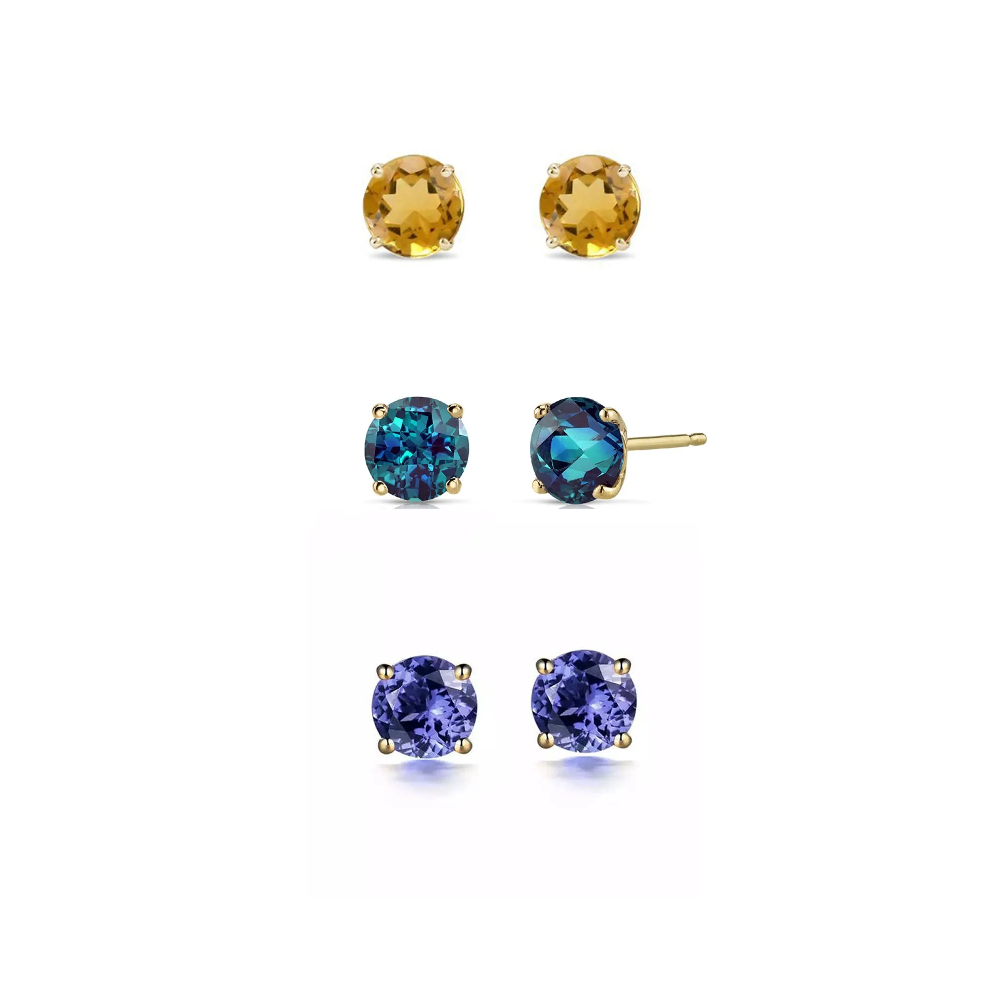 18k Yellow Gold Plated 3Ct Created Citrine, Alexandrite and Tanzanite 3 Pair Round Stud Earrings