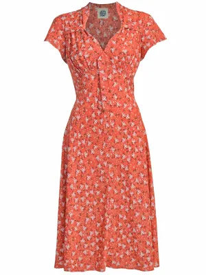 1940s Look Coral Ditsy Floral Tea Dress