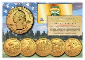 2016 America The Beautiful 24K GOLD PLATED Quarters U.S. Parks 5-Coin Set with Capsules