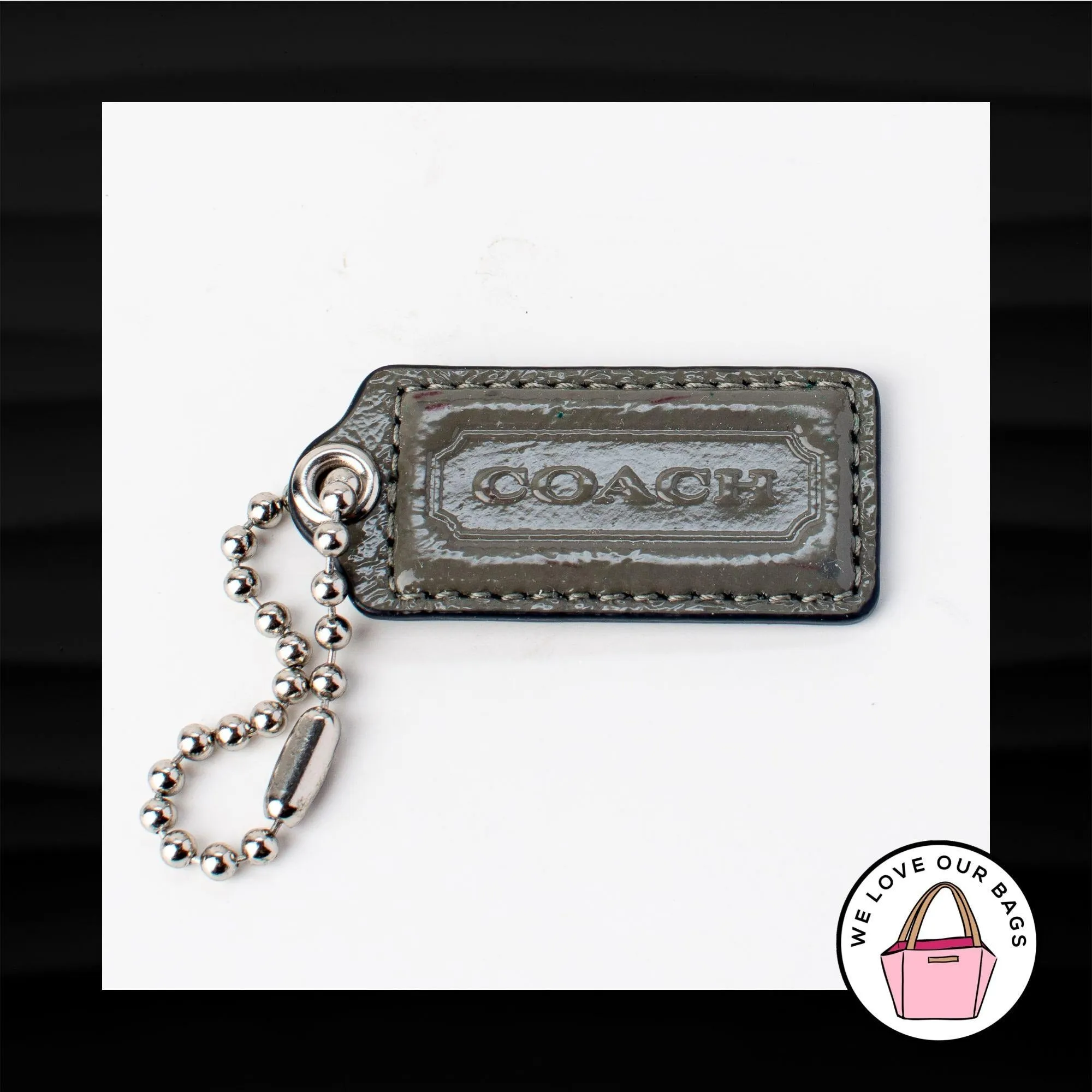 2.25″ Large COACH GRAY PATENT LEATHER KEY FOB BAG CHARM KEYCHAIN HANGTAG TAG