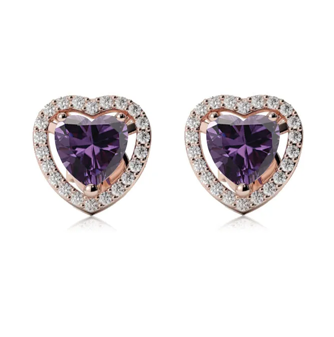 24k Rose Gold Plated 1 Ct Created Halo Heart Amethyst Stud Earrings