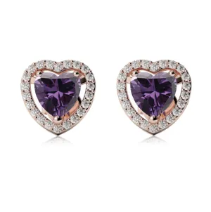 24k Rose Gold Plated 3 Ct Created Halo Heart Amethyst Stud Earrings