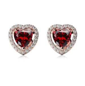 24k Rose Gold Plated 3 Ct Created Halo Heart Garnet Stud Earrings