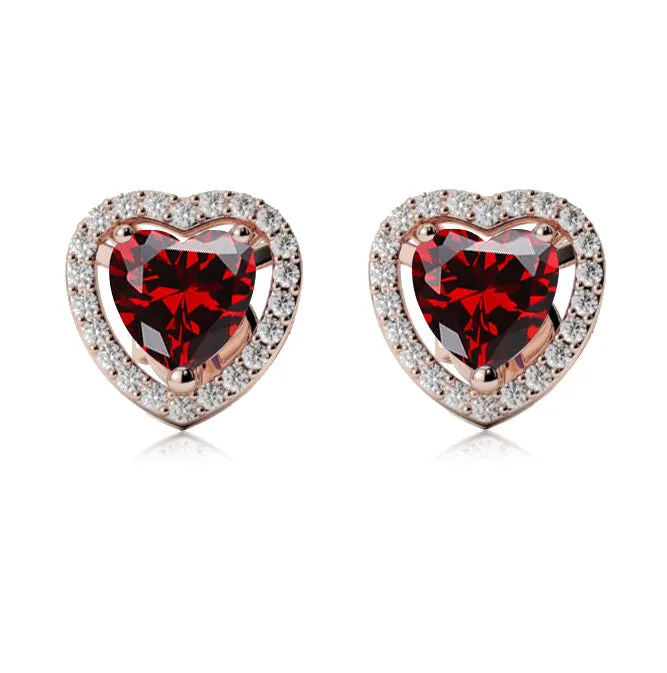 24k Rose Gold Plated 3 Ct Created Halo Heart Garnet Stud Earrings