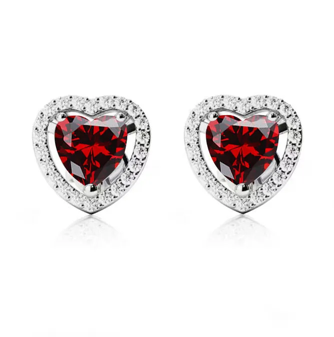 24k White Gold Plated 1 Ct Created Halo Heart Garnet Stud Earrings