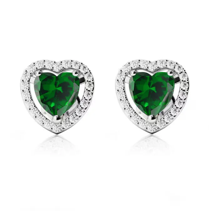 24k White Gold Plated 1/2 Ct Created Halo Heart Emerald Stud Earrings