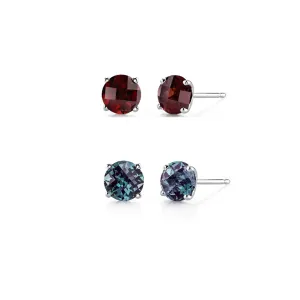 24k White Gold Plated 1/2Ct Created Garnet and Alexandrite 2 Pair Round Stud Earrings