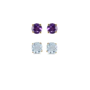 24k Yellow Gold Plated 3Ct Created Amethyst and Aquamarine 2 Pair Round Stud Earrings