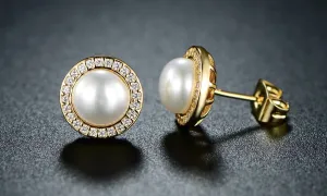 24K Yellow Gold Plated White Freshwater Pearl Halo Round 1 CT Stud Earrings