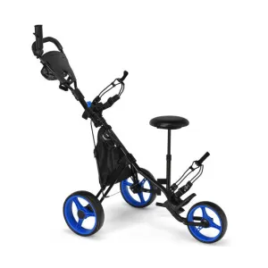 3 Wheels Folding Golf Push Cart with Seat Scoreboard and Adjustable Handle-Blue