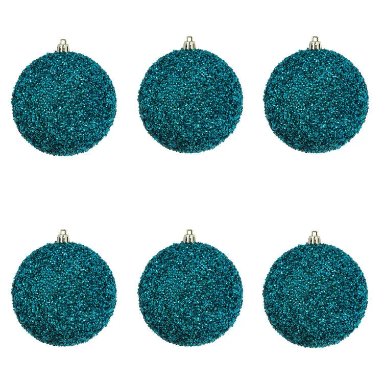 4" Sea Blue Beaded Ball Ornaments with Drilled Caps 6 Per Bag