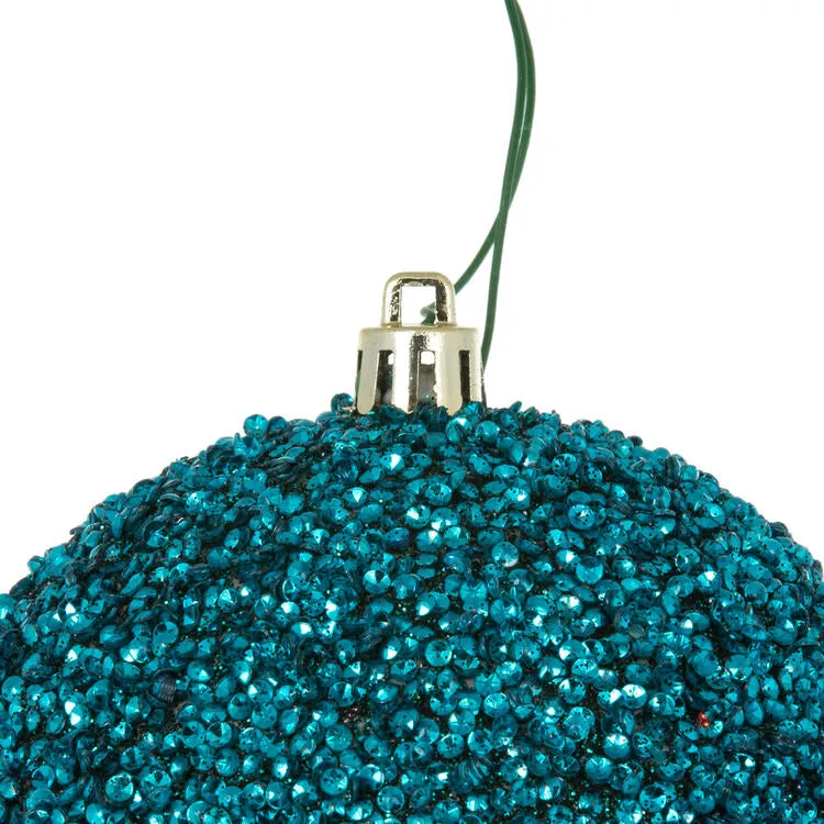 4" Sea Blue Beaded Ball Ornaments with Drilled Caps 6 Per Bag