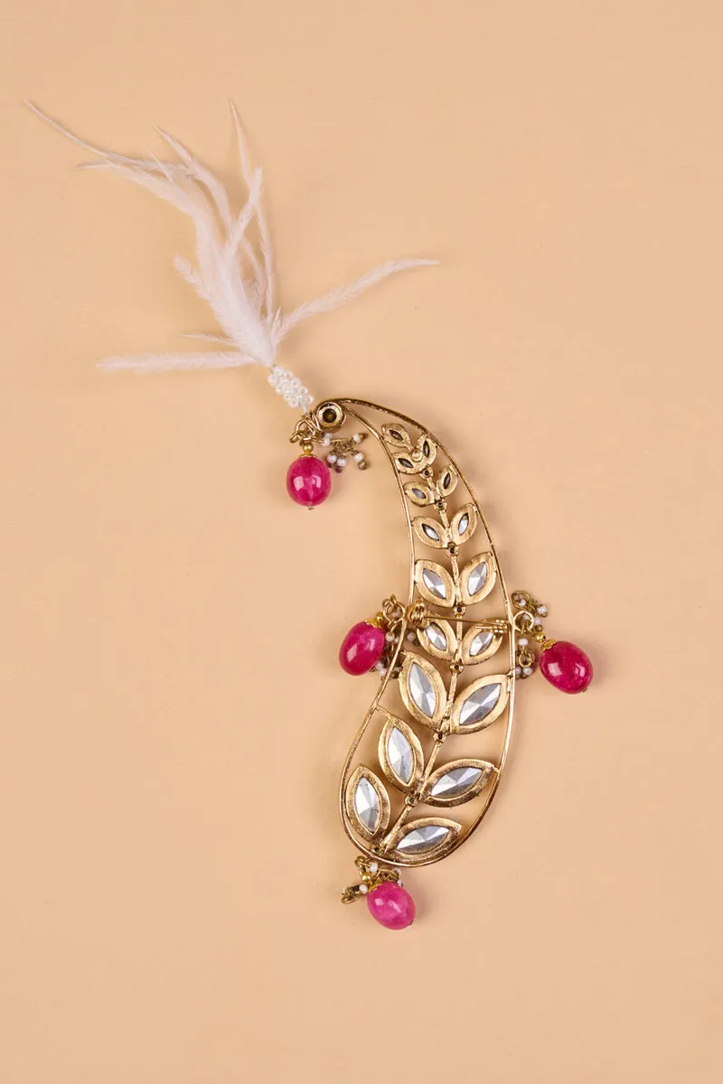 Ambi Shaped Sarpech With Pink Drop Beads & Feather