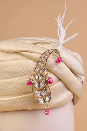 Ambi Shaped Sarpech With Pink Drop Beads & Feather