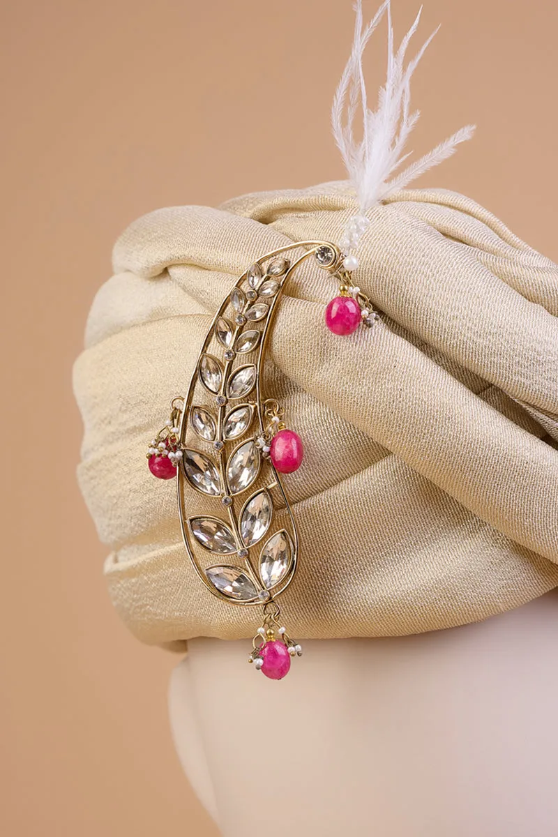 Ambi Shaped Sarpech With Pink Drop Beads & Feather