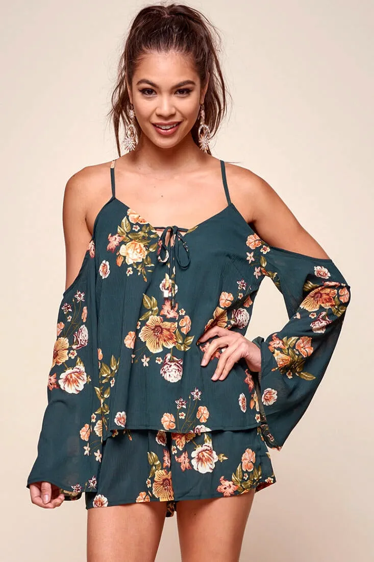 Ashanti Off the Shoulder Layered Floral Romper Khaki