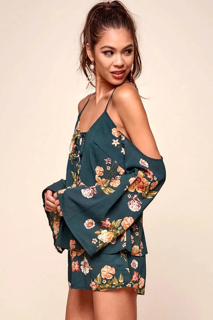 Ashanti Off the Shoulder Layered Floral Romper Khaki