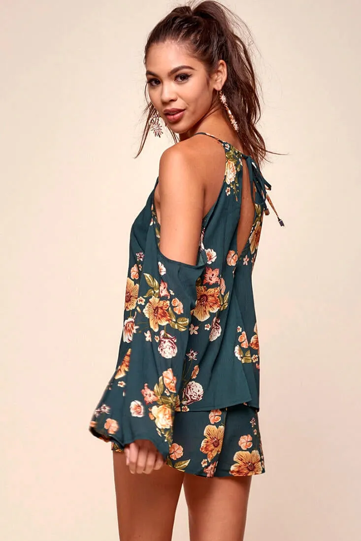 Ashanti Off the Shoulder Layered Floral Romper Khaki