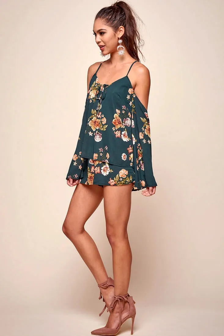 Ashanti Off the Shoulder Layered Floral Romper Khaki