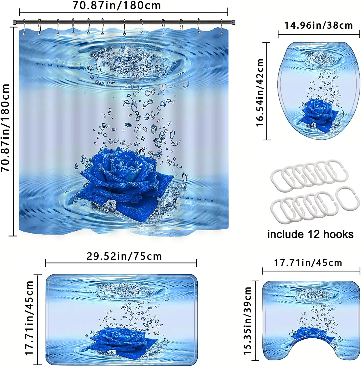 Blue Rose Shower Curtain Set