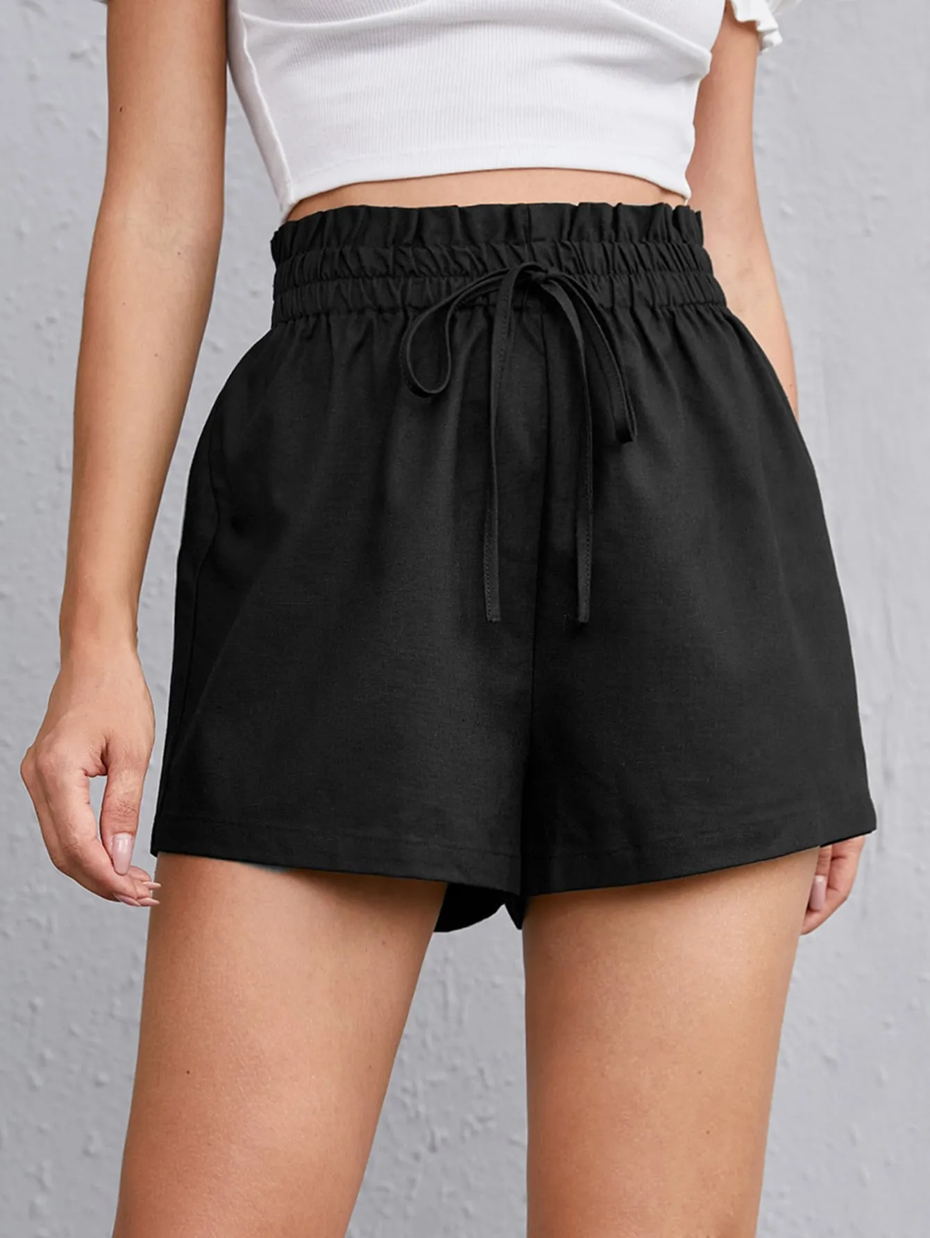 Boho Plain Paper Bag Waist High Waist Women Shorts