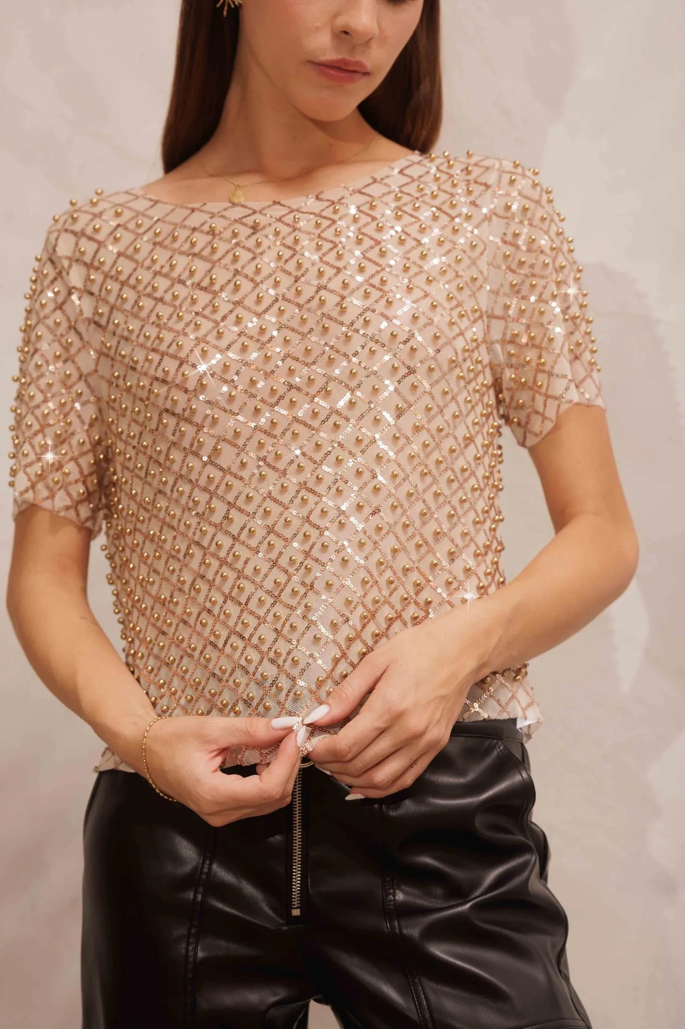 Bronze Pearl Mesh Top