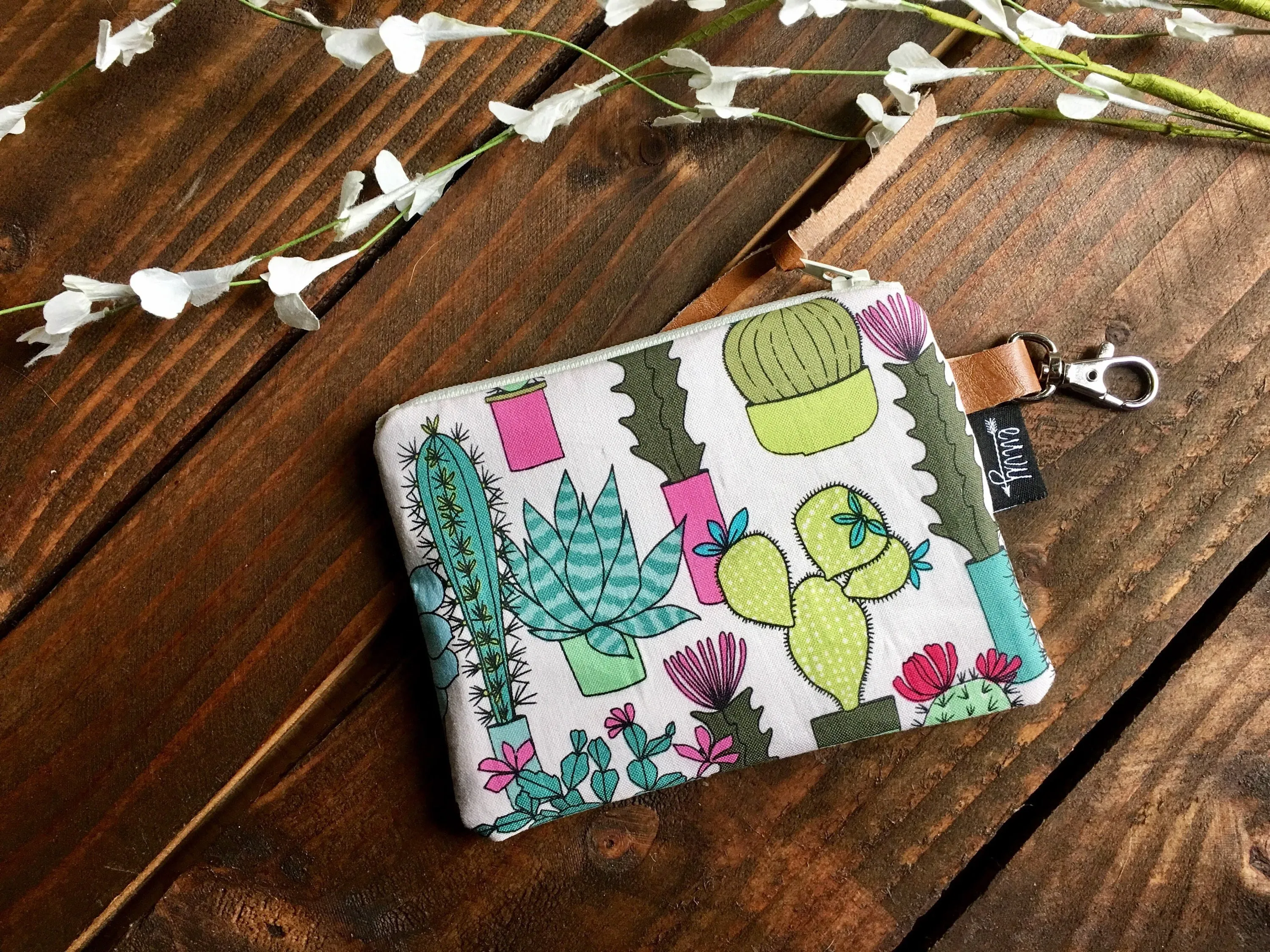 Cactus Blooms Vegan Leather and Key Clip - Zippered Clutch /  Coin Pouch / Change Purse