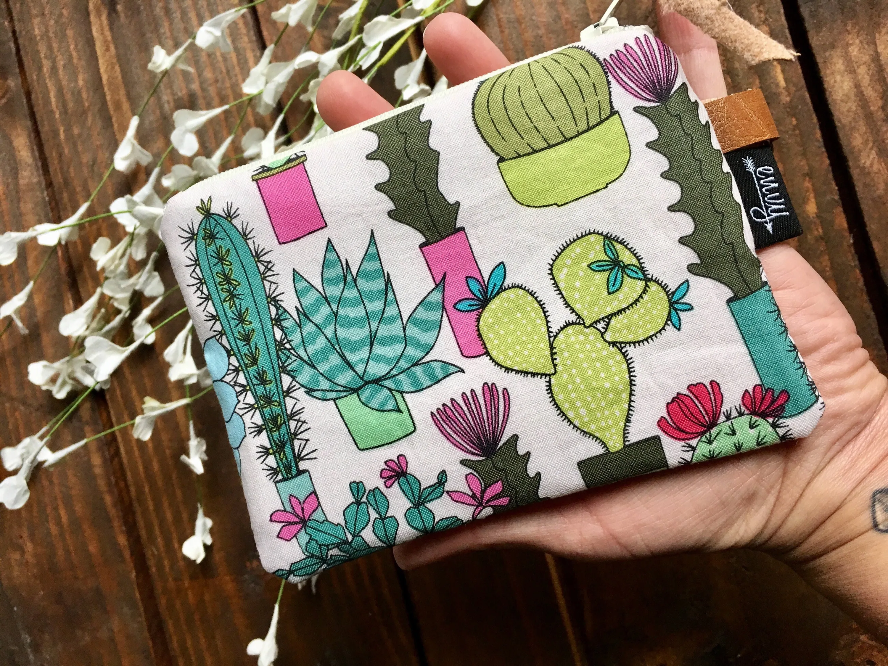 Cactus Blooms Vegan Leather and Key Clip - Zippered Clutch /  Coin Pouch / Change Purse