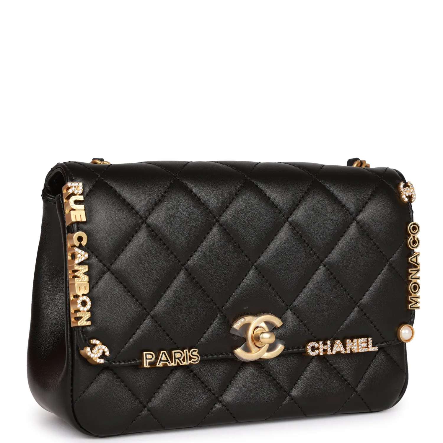 Chanel Monaco Mini Flap Bag Black Lambskin Antique Gold Hardware