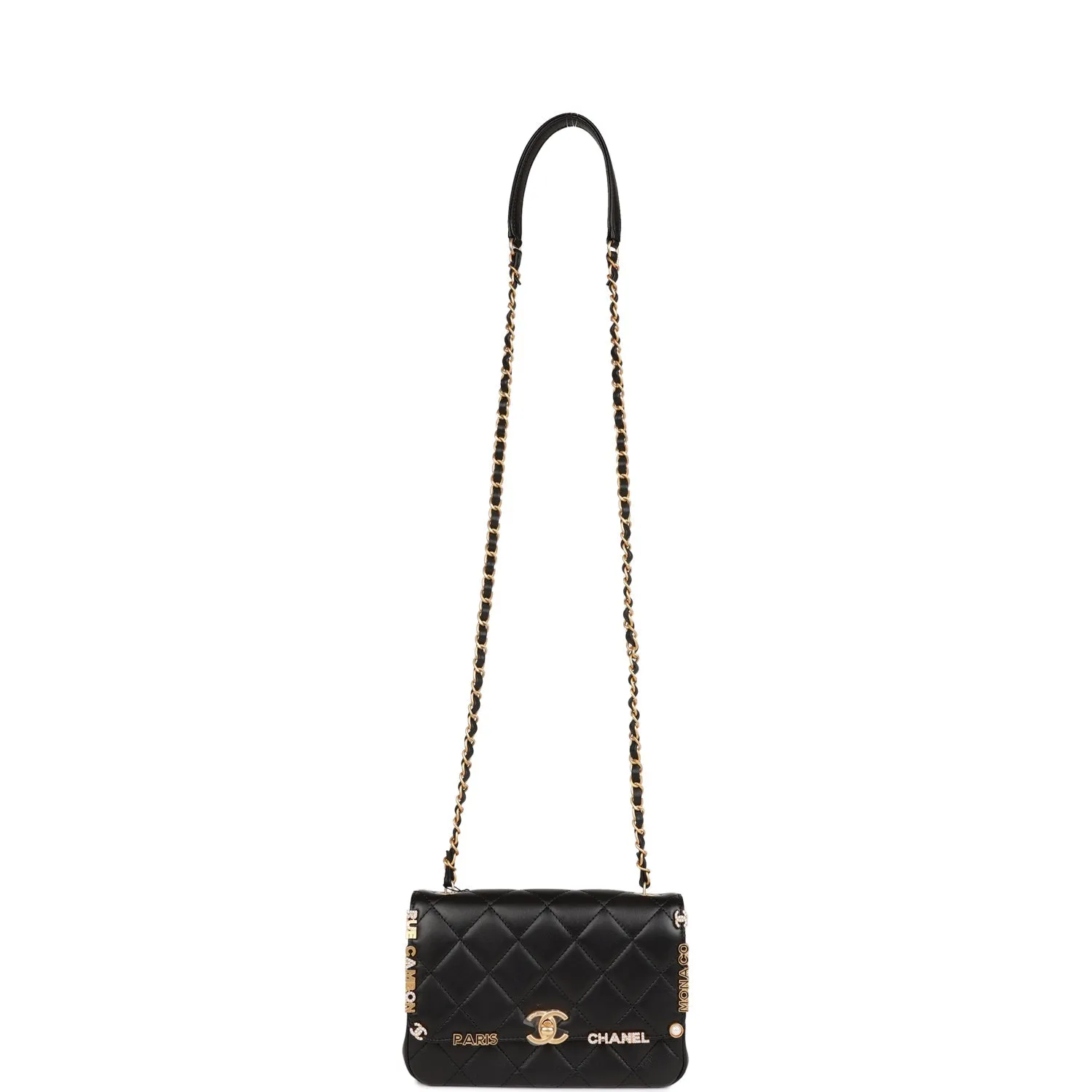 Chanel Monaco Mini Flap Bag Black Lambskin Antique Gold Hardware