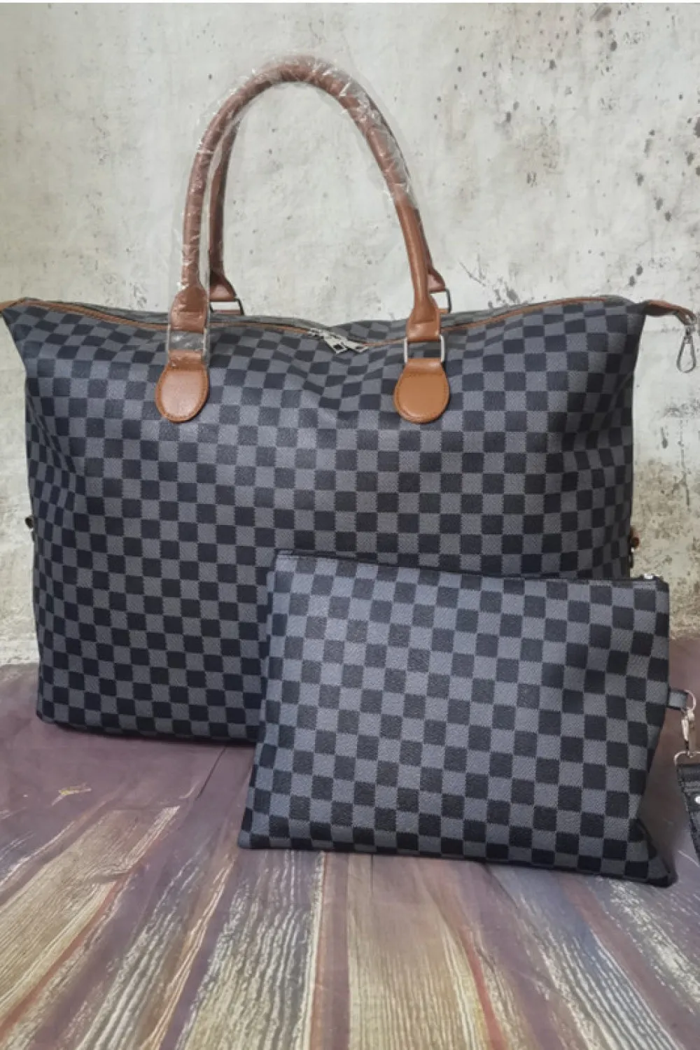 Checkered Two-Piece Vegan Leather Bag Set