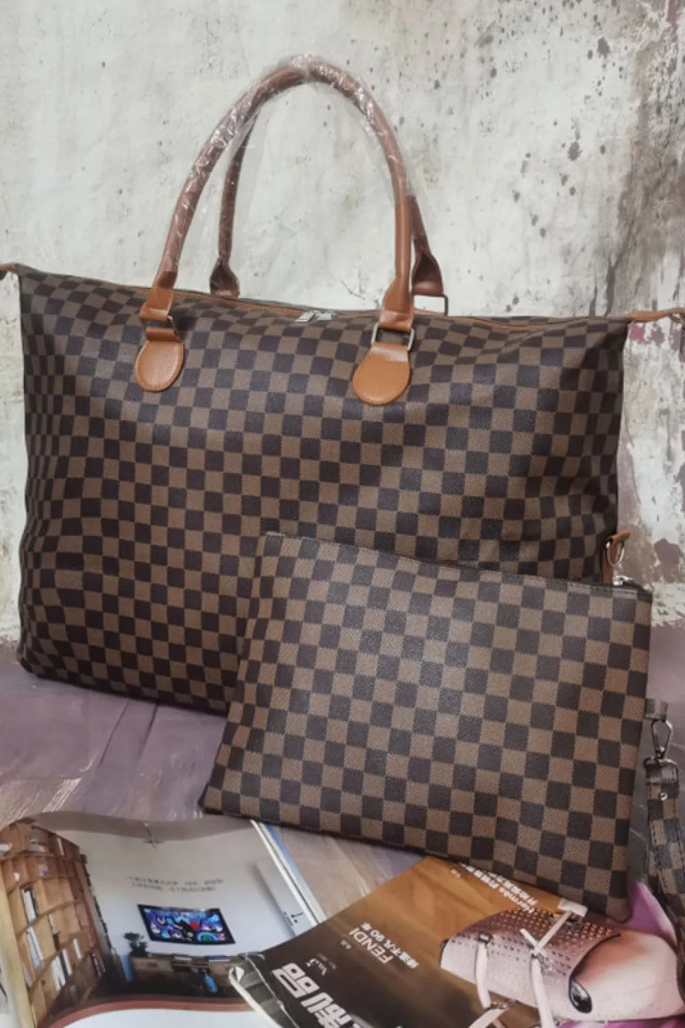 Checkered Two-Piece Vegan Leather Bag Set