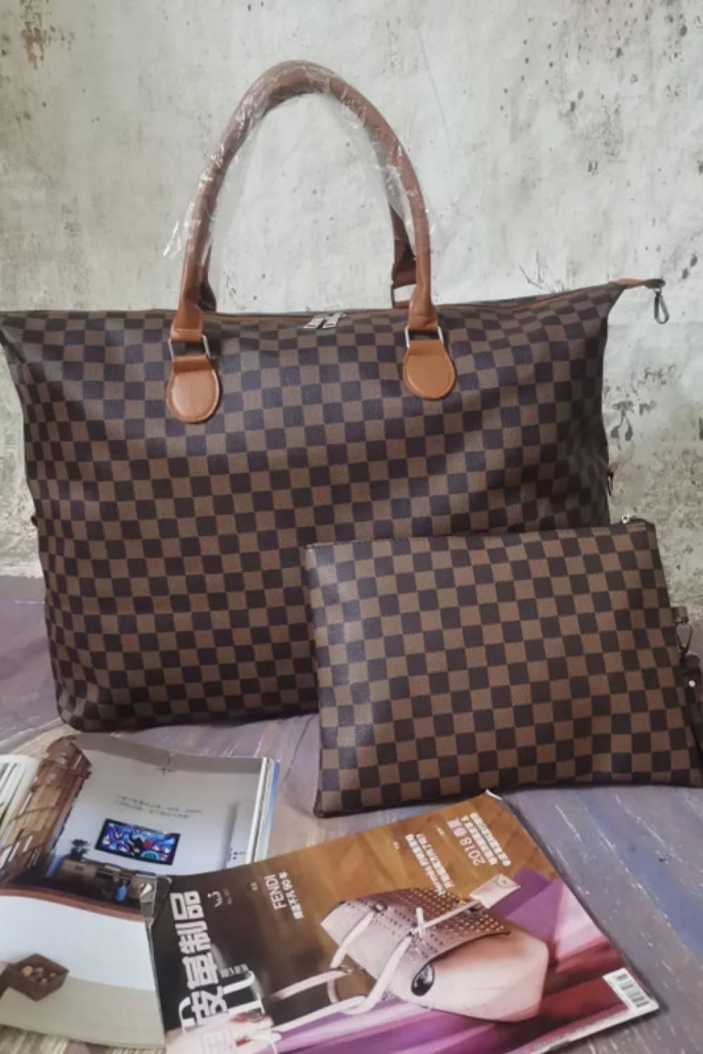 Checkered Two-Piece Vegan Leather Bag Set