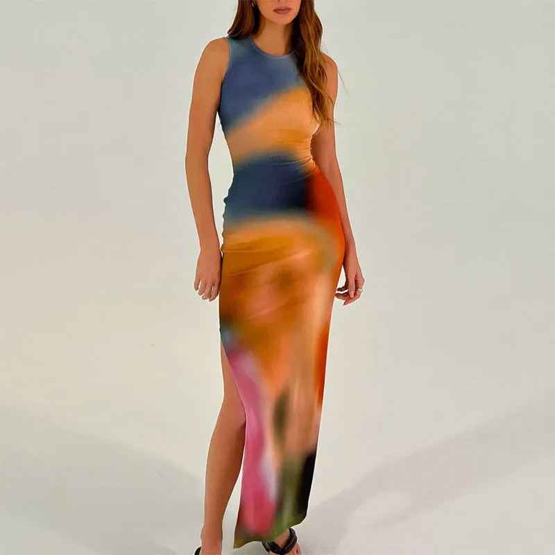 Chic Abstract Printed  Slim Fit Sleeveless Dress