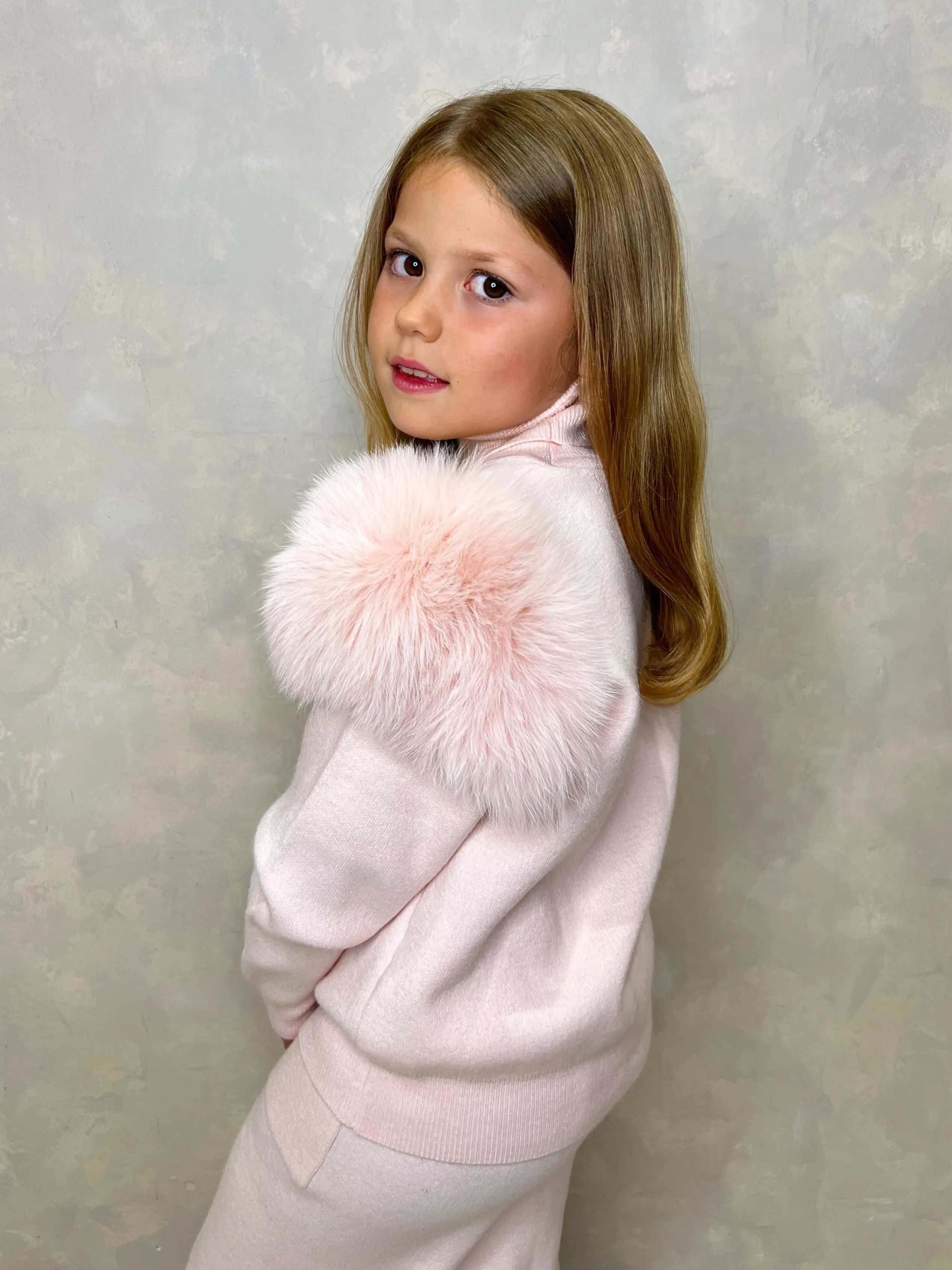 Childrens Baby Pink Luxury Fur Roll Neck Wide Leg Tracksuit