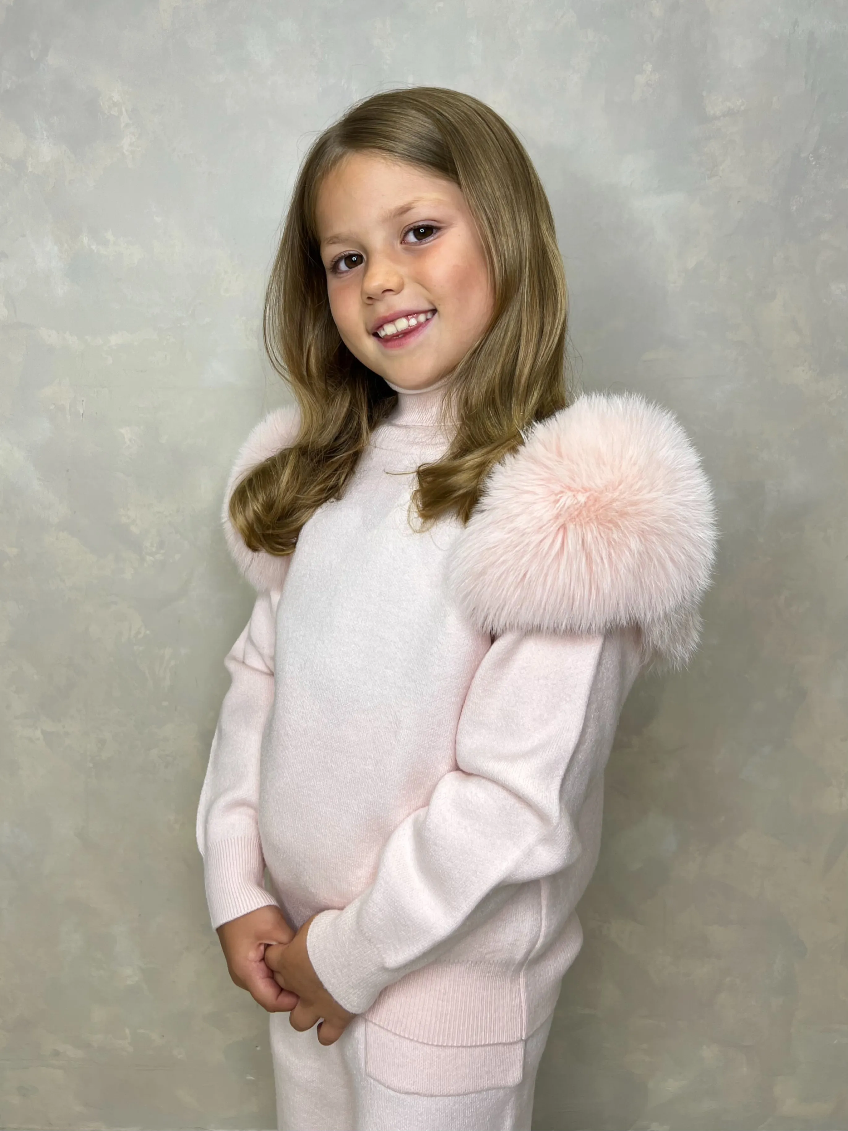 Childrens Baby Pink Luxury Fur Roll Neck Wide Leg Tracksuit