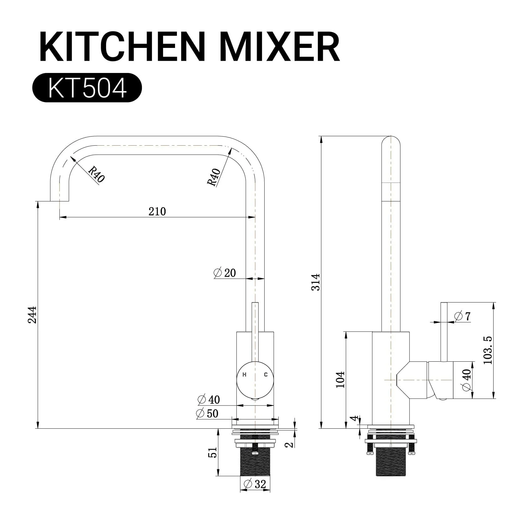 CLIO Kitchen Sink Mixer Square Tap Bench Mount Matte Black