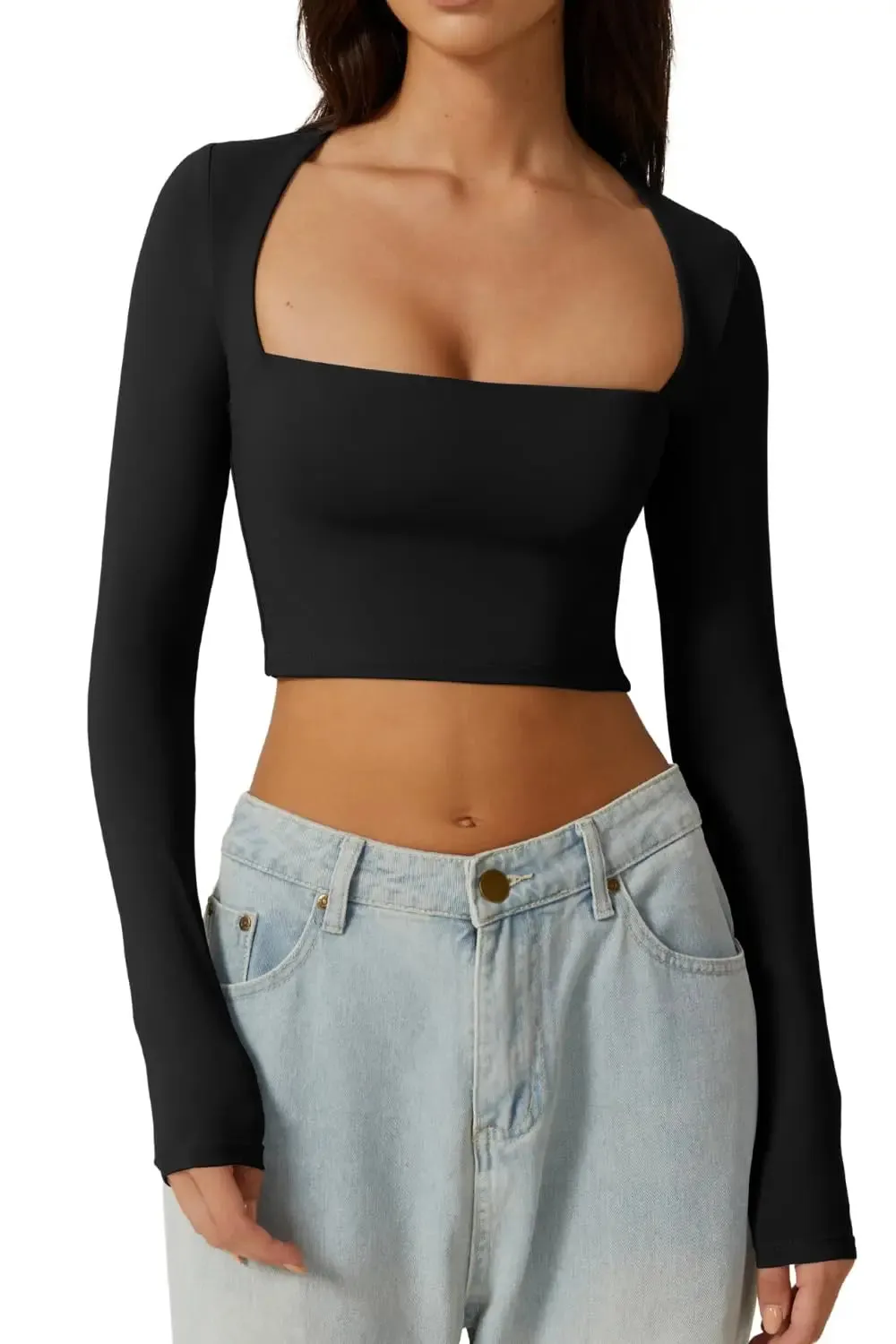 Crop Tops Square Neck Solid Color Slim Fit Basic Fitted Sexy T-shirt