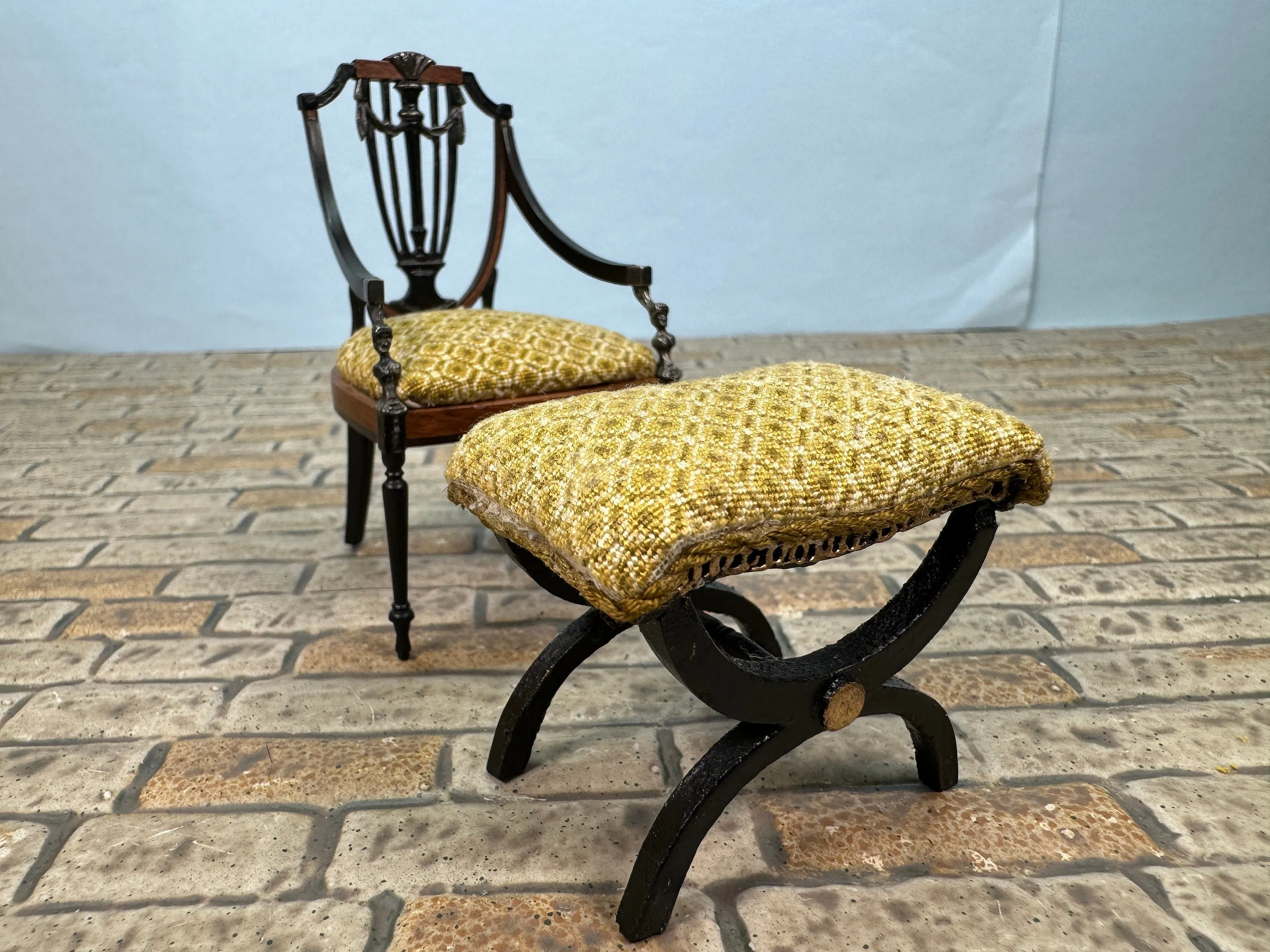 Dollhouse Miniature ~ Artisan Geoff Wonnacott Handmade 2 Piece Chair & Ottoman Set