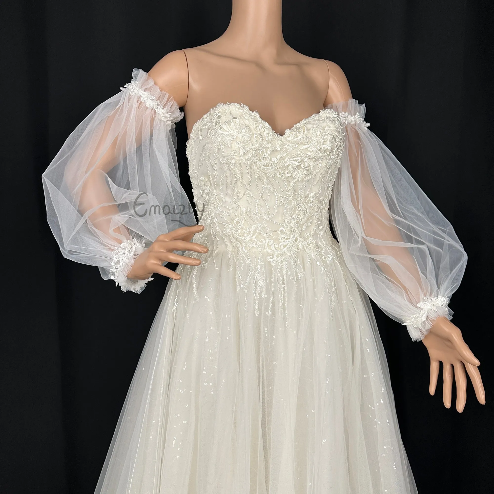 EMALZBY classic tulle detach wedding sleeve, beaded sequins bicep bridal sleeveS