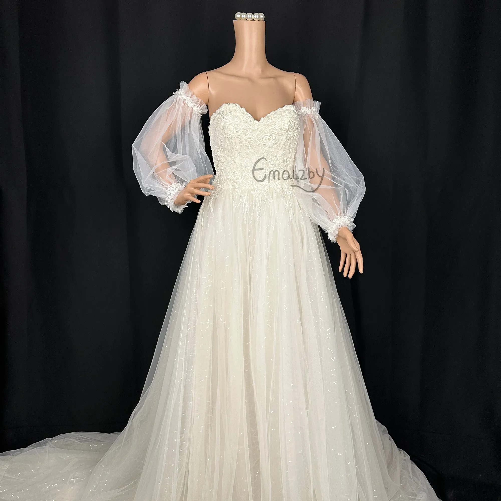 EMALZBY classic tulle detach wedding sleeve, beaded sequins bicep bridal sleeveS