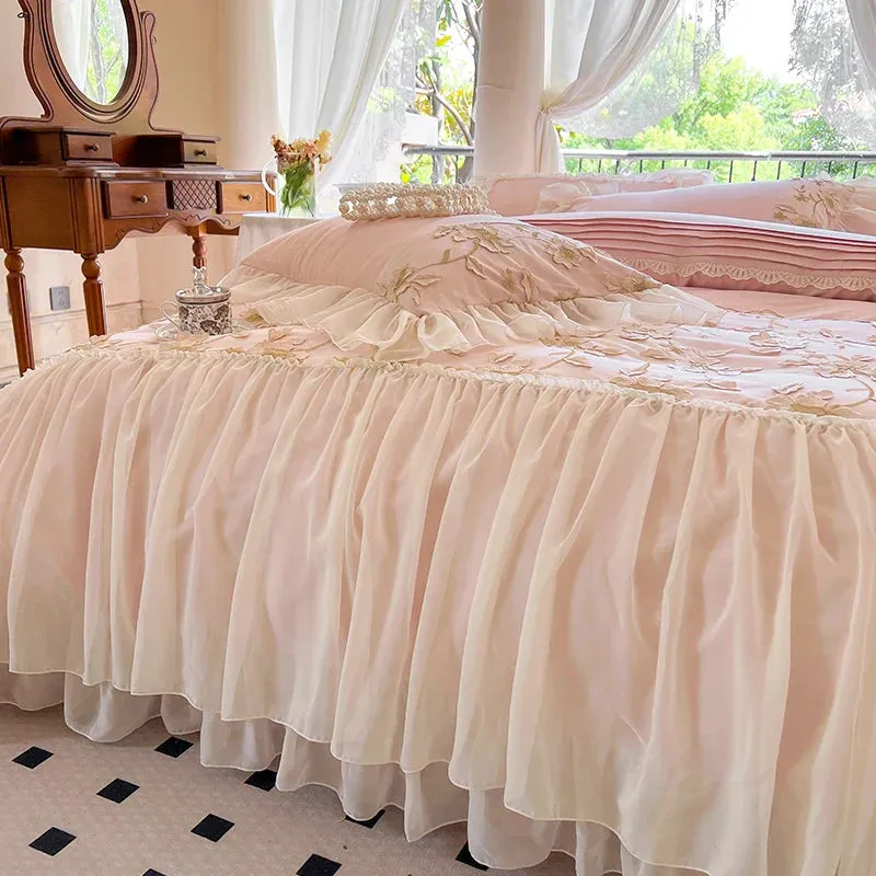 Flytonn-100S Egyptian Cotton Lace Bedding Set, Flowers Embroidery, Princess Wedding, Duvet Cover, Bed Skirt, Fitted Sheet, Pillowcases