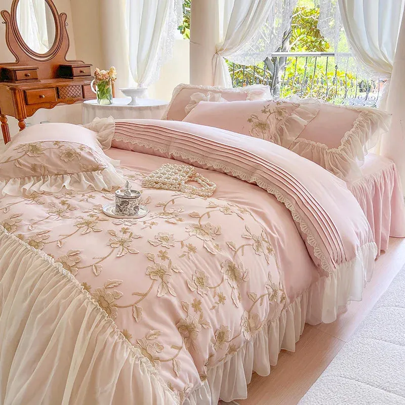 Flytonn-100S Egyptian Cotton Lace Bedding Set, Flowers Embroidery, Princess Wedding, Duvet Cover, Bed Skirt, Fitted Sheet, Pillowcases