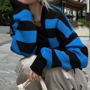 Flytonn-Striped Knit Cardigan Long Sleeve V-neck Contrast Women Sweaters 2000s American Vintage Fairycore Fall Winter Aesthetic Jumpers