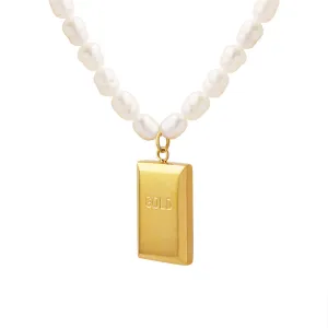 French Style Freshwater Pearl Necklace with Gold Brick Pendant