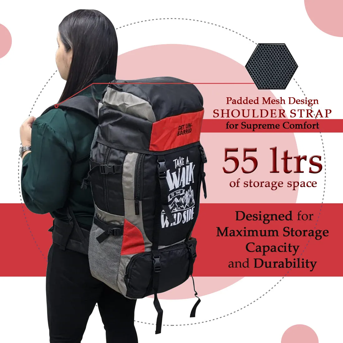 Get Un-barred 55 Ltr Travel Backpack (Red)